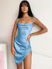 Casual Dresses Satin Women Strap Mini Dress Ruched spets upp Cross Bandage Backless Bodycon Sexig fest Elegant 2022 Club Birthday Slim