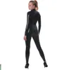 Combinaison Catsuit en Faux cuir PVC pour femmes, combinaison noire Sexy avec fermeture éclair à 3 voies jusqu'à la hanche