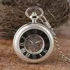 Pocket horloges zilver/zwart mechanisch handwikkeling horloge Romeinse cijfers holle transparante handmatige machines hanger Retro Clock