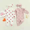 Barboteuses Infantile Bébé Filles Twopiece Vêtements Ensemble Coeur Imprimer À Manches Longues Ras Du Cou Barboteuse Et Noeud Noeud Coiffe Rose Blanc 220916