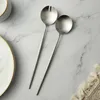 Dinnerware Sets Salad Serving Spoon Fork Matte Silver Large Dinning Server Cutlery Steel Utensils Kitchen Accessories Set Of Spoons And