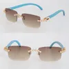 Blue Wood Rimless Moissanite Diamond Set Solglasögon Kvinna Square 8200757 Träglasögon Män berömda vintage Sun Glasses Womans-glasögon 18K Guldstorlek 57-18-140mm