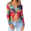 Chemisiers pour femmes Chemises à revers froncés sur le devant à manches longues Col en V Tie Dye Print Tops boutonnés