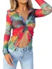 Chemisiers pour femmes Chemises à revers froncés sur le devant à manches longues Col en V Tie Dye Print Tops boutonnés