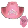 Basker rosa tiara v￤stra cowgirl hattar med krona f￶r kvinnor tjej rullade fedora m￶ssor fj￤der kant cowboy hatt bandana halsduk