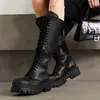 Två bär kvinnors stövlar Paris Platform Shoes Knee Boot Designer Fashion Zipper Fastener Bandage Woman Black Covere Leather Superior QJ9Y#