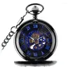 Pocket horloges zwart bloembladen blauw gezicht mechanisch horloge retro flip hollow heren en dames