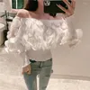 Women's Blouses Sexy Off Schouder Womens Tops en 2022 Mesh Sheer Puff Sleeve Summer 3d Flower Vintage White Women Shirt Blouse