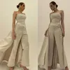 Plus Size Crystal Jumpsuits Strapless Sleeveless Prom Dresses Detachable Train Evening Formal Party Second Reception Gowns