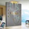 Das neue Duschsystem aus antikem Messing an der Decke, 58,4 x 38,1 cm, LED-Musik-Duschkopf, Badezimmer-Thermostat-Wasserhahn-Set