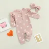 Rompers Infant Bady Girls Twe-Piece Clothers Set Heart Print Leng Sleeve Crew Neck Romper and Bow Knot Headdress Pink/ White 220919
