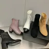 Kvinnors mode Autumn Winter Ankle Boots Stretchy Zipper Shoes Mid Block Heel äkta läder rund tå