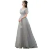 Fancy Gray Evening Dresses V-Neck Short Sleeves Lace-up Back Floor Length Prom Gowns