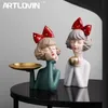 Decorative Objects Figurines Modern Luxury Bowknot Girl Resin Home Decoration People Bust Storage Plate Gilr Statue For Room Decor Wedding Gifts 220919