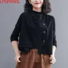 Kvinnors v￤star Kvinnor Lossa bomull V-hals ￤rmknapp Solid Color Casual Coat Spring Korean Style Vintage Simple Cozy Top 220916