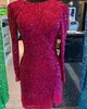 Fringe Sequins Homecoming Dress 2022 Sheath Crew Neck Long Sleeves Slit Prom Pageant Gown Formal Event NYE Cocktail Party Wear Zipper Short Hoco Court Green Blue Pink