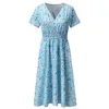 Casual Dresses Womnes eleganta V-hals Ruched Midi Dress Summer Retro Yellow Red Floral Print Kvinna A-Line Beach Long Robe