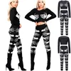 Women's Two Piece Pants Ladies Black Skeleton Suit Bare Belly Knit Long Sleeve Top Slim Halloween Nightclub Dress Up Y2K90S Streetwear