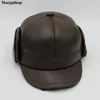 Berretti Berretti in vera pelle di mucca genuina Cappellino da uomo caldo con protezione per le orecchie Cappello aderente Casual Berretto da baseball invernale russo marrone tinta unita Drop