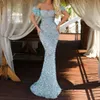 Blue Prom Dresses Lace Sleeveless Strapless Off Shoulder Bateau Appliques Shiny Sequins Evening Dresses Beaded Floor Length Party Gowns Plus Size Custom Made