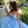 2023 Sky Blue Quinceanera Dresses 3d Floral Lace Applique Corset Back Sweetheart Necklinje Custom Made Sweet 16 Princess Birthday Party Ball Gown Vestidos