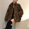 Women's Fur Faux Winter Leopard Print Jacket Stand Collar Warm Parkas Outwear Autumn Korean Kvinnliga löst rockar 220919