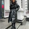 Damskie Parkas Malina Hooded Pu Fashion Tie Pasek Elegancki solidna sztuczna skóra szczupła długa bawełniana kurtki żeńskie kobiety 220919