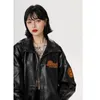 Damenjacken American Y2K Vintage Streetwear Buchstabenstickerei Revers PU-Lederjacke Frauen Street Pilot lose Jacken für den Winter 220919