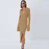 Casual Kleider Frauen Y2K Stricken Langarm Pullover Maxi Koreanische Kleid Dame Einreiher Elegante Mid Split Slim Robe Kleidung 220919