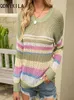 Mulheres suéteres primavera e verão mulheres moda listrado colorblock malha pulôver estilo europeu oco camisola de malha manga longa top 220920