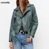 Women's Leather Faux Spring Autumn Women Jacket Fashion Blue Black Female Casual Lapel Zipper With Belt Biker Coat 220919