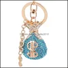 Porte-clés Cristal Porte-clés Bijoux Femmes Filles Strass Sac Porte-clés Porte-anneau US Dollar Design Métal Mode Pendentif Charme Ke Dhhnw