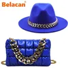 Wide Brim Hats Fedora Women Luxury Accessories Gold Chain Bag Set Ladies Leather Tote Church Elegant Wild Jazz Top Hat Party 220920