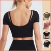 Mode yoga fitness crop tops t-shirts voor dames gym snel droge sport korte mouw sexy rug ingebouwde borstkussen t-shirts 20W155