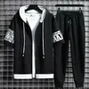 Herrspårar för män med huva med dragkedja Kort ärm Toppar Elastiska midjabyxor Män kläder Tvåverk set Korean Streetwear Tracksuit Men 220919