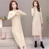 Kadın Sweaters Katı Çizgili Yavurucu Elbise Zarif Tek Cep Düz Elbise Kış Sıcak Kalın Örme Derinlik Elbise 2021 J220915