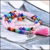 Fios de miçangas Meditação Mti-camada de fios longos Bracelets 7 Chakra ioga natural redonda de ametista Mala Tassel Jóias Deliv Dhtqu