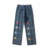 Pantaloni da uomo Jeans con ricamo a cartoni animati Moda uomo Stile coreano Streetwear Neutro Uomo e donna Casual Allentato Dritto Gamba larga