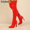 부츠 Eilyken New Design PU 가죽 위에 무릎 패션 활주로 광장 높이 발 뒤꿈치 섹시한 뾰족한 발가리 zip 여자 신발 L220916