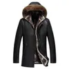 2022 Winter Europe Middle Aged Mens Fur Collar Fleece Overcoat With Hood Medium Long Man Thickened Warm Velvet Leather Coat