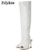 ブーツEilyken New Design White Black Peep Toe Over the Knee Fashion Runwayセクシーなジップ女性カットアウト薄いハイヒールシューズL220916