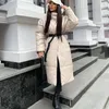 Femmes Down Parkas Malina capuche PU mode cravate ceinture manteaux élégant solide Faux cuir mince longues vestes en coton femme dames 220919