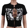 2023 Womens Clothes Sexy Short Sleeve T-shirt Graphic T Shirts Woman Tshirts New Summer Hollow Out Crop Tops Ladies Tees Bandage Printed Clothing