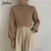 Damenpullover Jielur Laternenärmel Pullover Rollkragen Bürodame Reine Farbe Strickpullover Lose Weiß Khaki für 220919