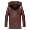 2022 Winter Europe Middle Aged Mens Fur Collar Fleece Overcoat With Hood Medium Long Man Thickened Warm Velvet Leather Coat