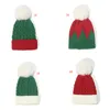 Knitted Winter Hat Kids Green Red Stitching Wool Cap Warm Fur Ball Cold Hats Children Christmas Plush Pom-pom Beanie Hat