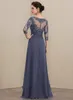 2023 Elegant Navy Evening Dresses A-Line Scoop Neck Floor-Length Chiffon Lace Mother of the Bride Dress With Cascading Ruffles Plu311C
