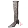 Bottes femmes mode sandales strass minces talons hauts résille bottes au genou tête pointue longues chaussettes vaporeuses et 220920