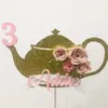 Feestbenodigdheden aangepaste naam glitter theepot cake topper gepersonaliseerde thee verjaardag bloem groot middelpunt