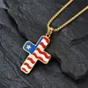 Rostfritt stål Cross Charm Pendant American Flag Punk Rock Red Blue Emamel Halsband hängsmycken med gud välsigne America Silver Gold Black